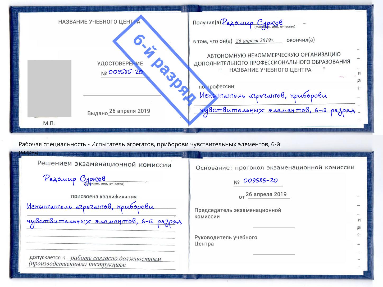 корочка 6-й разряд Испытатель агрегатов, приборови чувствительных элементов Новотроицк