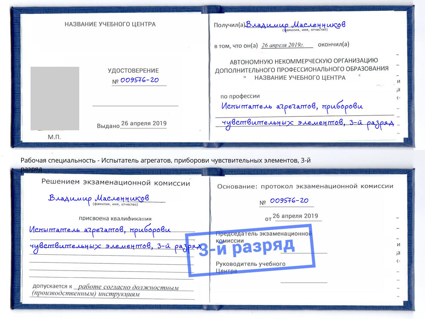 корочка 3-й разряд Испытатель агрегатов, приборови чувствительных элементов Новотроицк
