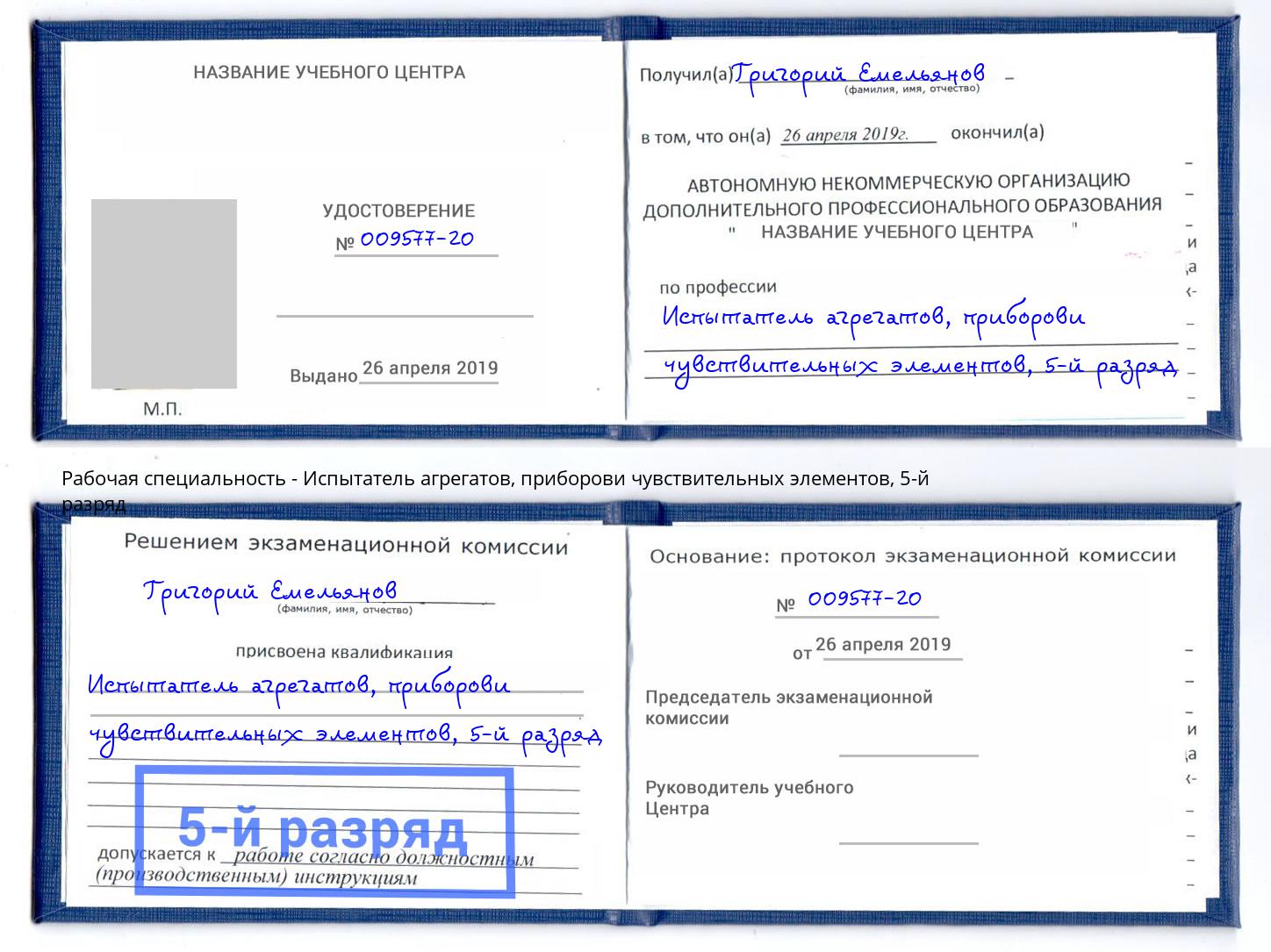 корочка 5-й разряд Испытатель агрегатов, приборови чувствительных элементов Новотроицк