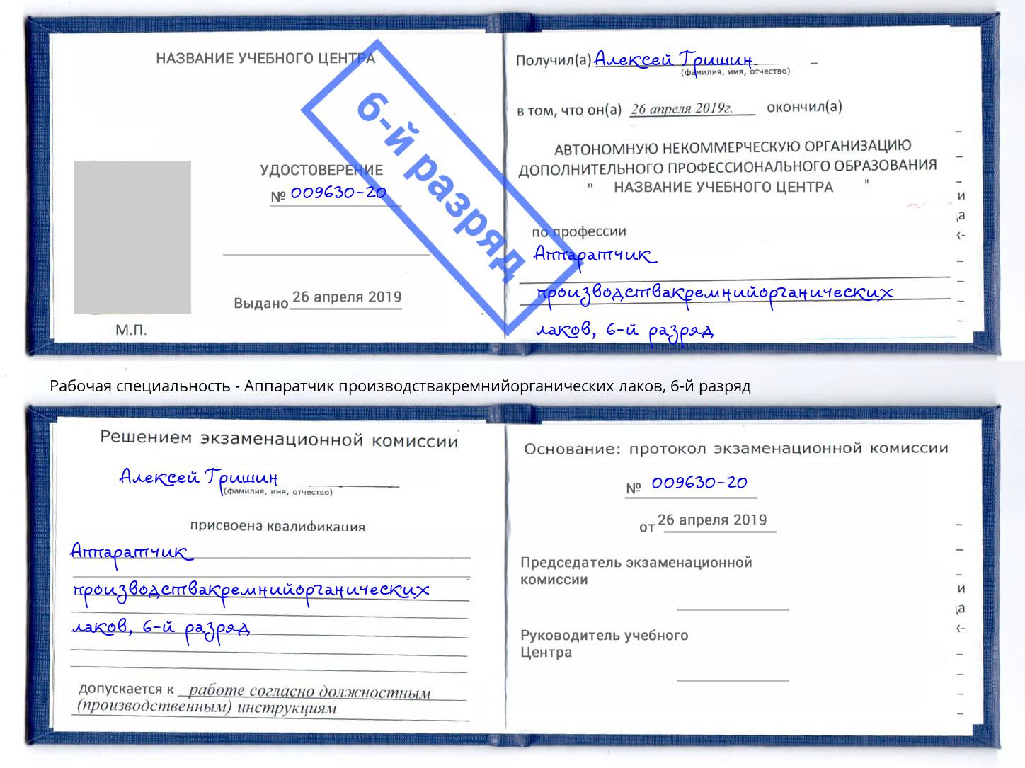 корочка 6-й разряд Аппаратчик производствакремнийорганических лаков Новотроицк