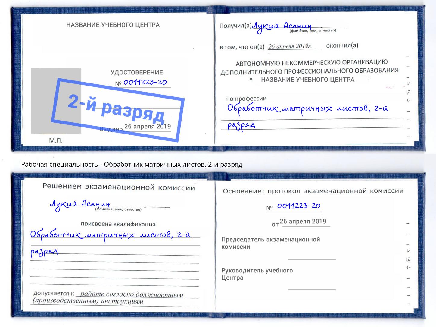 корочка 2-й разряд Обработчик матричных листов Новотроицк