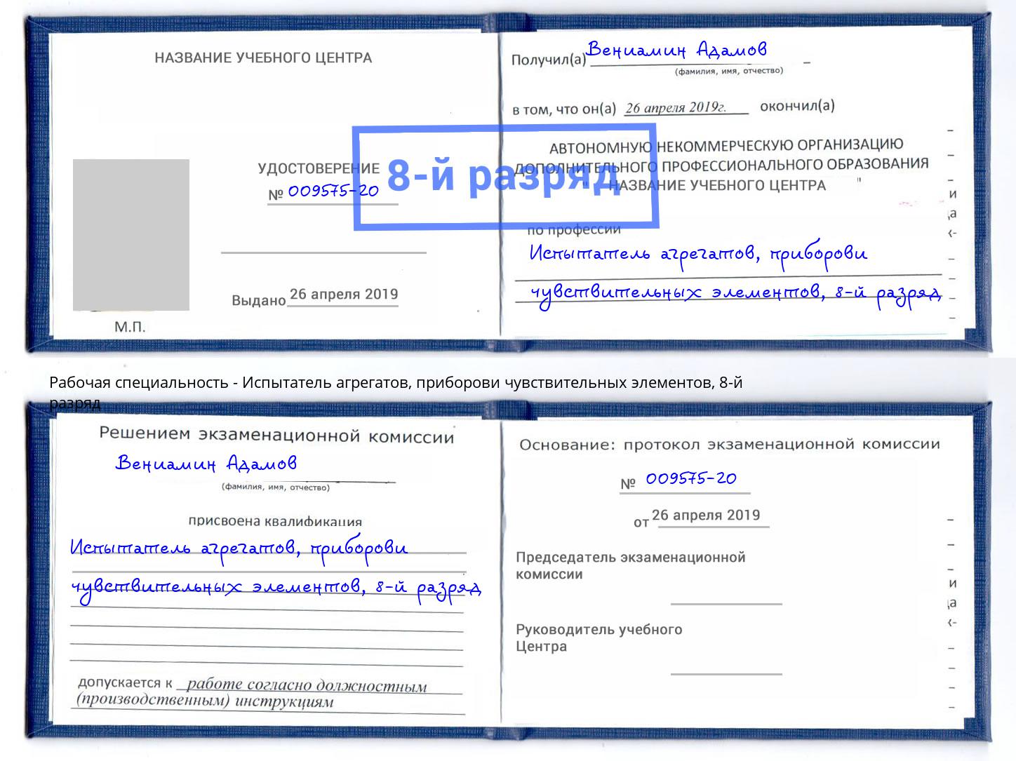 корочка 8-й разряд Испытатель агрегатов, приборови чувствительных элементов Новотроицк